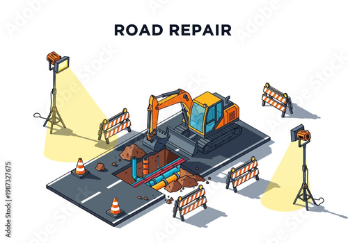 Isometric vector illustration of road repair with excavator, traffic cones, and lighting equipment