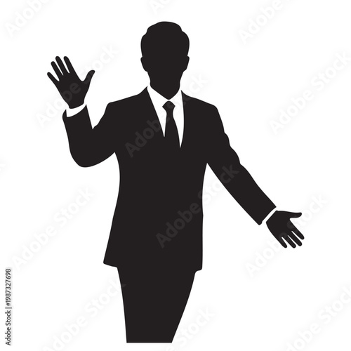 A man in a business suit gesturing with his hands