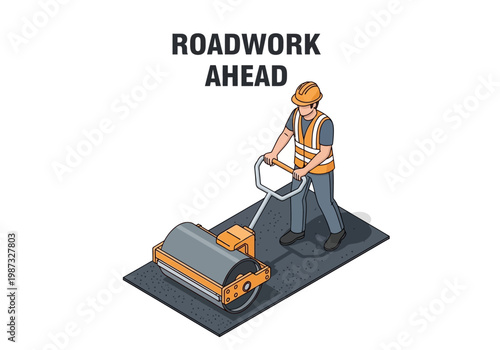 Vector Isometric Illustration of Roadwork Ahead Construction Worker Operating a Steamroller