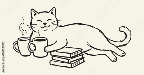 A cat is lying next to books and two cups of coffee