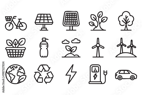 Green energy icon set with sustainability, recycling, and environmental protection symbols