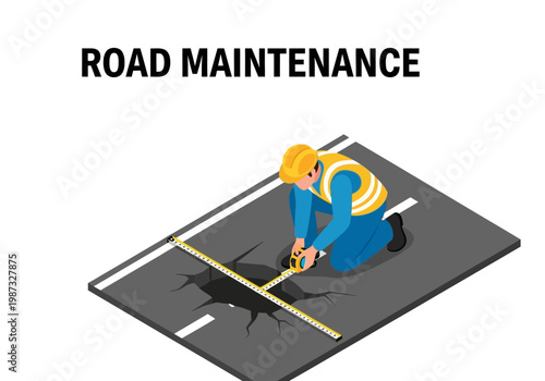 Isometric vector illustration of road maintenance worker measuring pothole on asphalt street