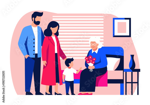 Happy Family Visiting Grandmother with Flowers, Grandson Giving Gift to Senior Woman in Nursing Home, Generational Connection and Elderly Care Flat Vector Illustration