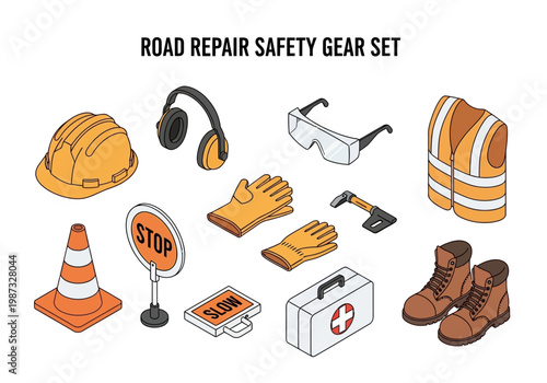 Isometric vector set of road repair safety gear and equipment for construction
