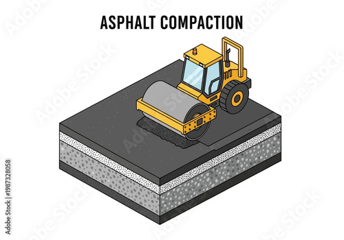 Isometric vector illustration of asphalt compaction using a road roller on a construction site