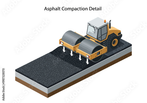 Asphalt Compaction Detail Isometric Vector Illustration of Road Construction Machinery