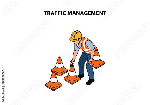 Isometric vector illustration of a construction worker placing traffic cones, representing traffic management and road safety