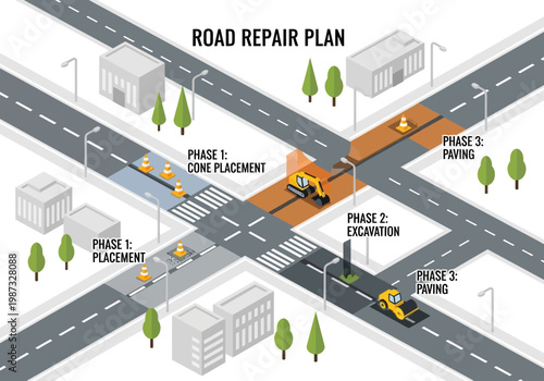 Isometric vector illustration of a road repair plan with construction phases and equipment