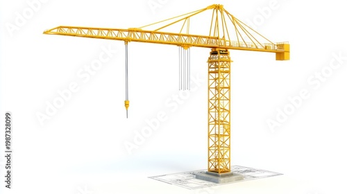 3D render of a yellow tower crane with a hook isolated against a white background