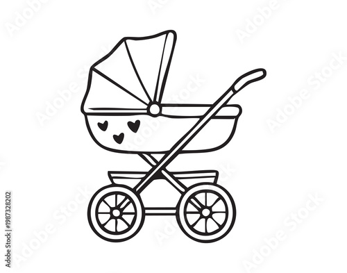 Fashionable baby carriage. Portable canopied pushchair with hearts. Stylish foldable stroller featuring decorative heart accents. Modern infant cart with collapsible cover and charming heart designs