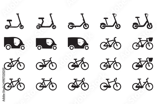 Urban mobility icon set with electric scooters, bicycles, and transport vehicles for eco commuting