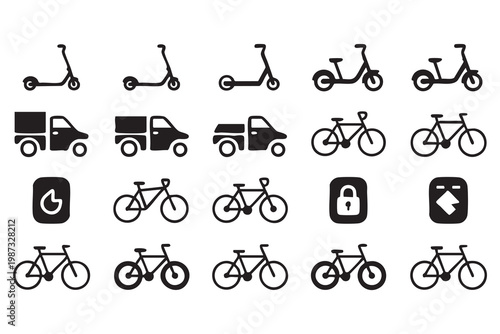 Bike and scooter transport icon set with delivery truck and micromobility symbols for city travel
