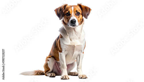 A cute, tri-color dog sits upright, with a focused gaze