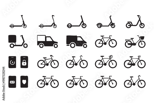 Electric transport icon set with scooters, bicycles, and urban mobility symbols for smart transportation