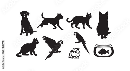 Animal silhouettes dogs cats parrot hamster and fish in aquarium pet collection domestic animals diverse species isolated on white.