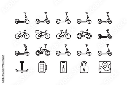Electric scooter and bike sharing icon set with urban mobility and rental transport symbols for smart city apps