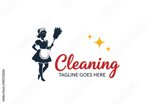 Professional Cleaning Service Logo Template with Maid Silhouette and Sparkles