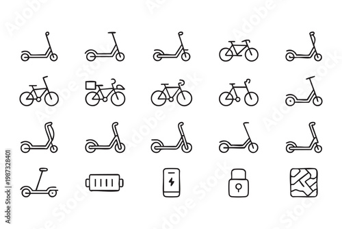 Urban mobility icon set with electric scooter, bicycle, and transport sharing symbols for city commuting