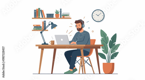 Man working on laptop with vector illustration of office supplies nearby