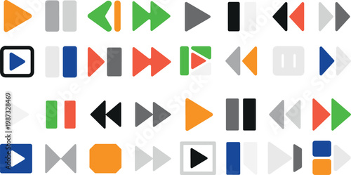 Colorful play pause and rewind media button icons on white background