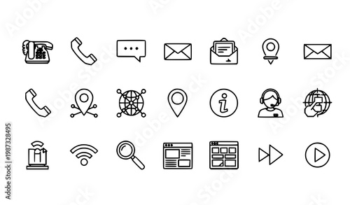 Friendly contact and support outline icons set with phone email chat location and web elements vector