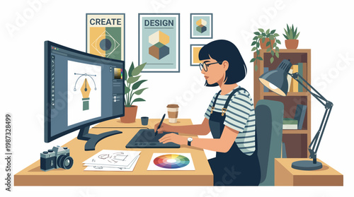A woman creates a vector illustration on her computer in a cozy home office setting.