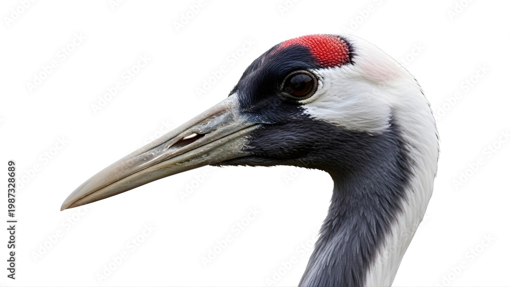 Fototapeta premium A close-up portrait of a crane's head with distinctive red and black markings