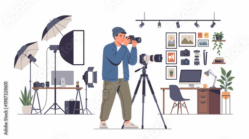 A photographer takes a photo in a studio with a vector illustration of equipment.