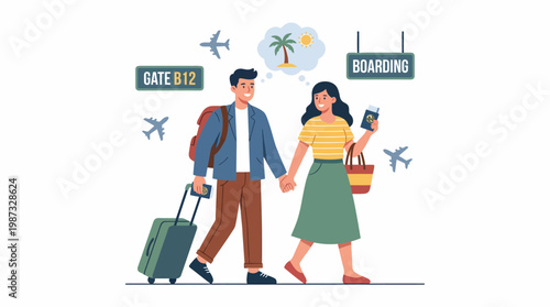 Couple walks to airport gate for boarding with luggage and tickets in hand illustration vector