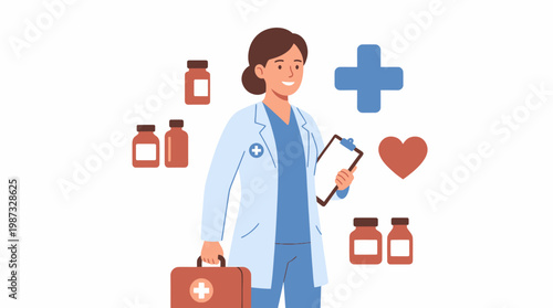 A female doctor illustration vector holds a clipboard and medical bag in a vector illustration.