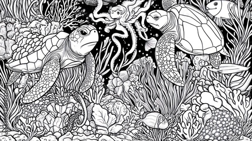 Intricate line drawing depicting marine life, sea turtles, octopus, fish, and coral reef