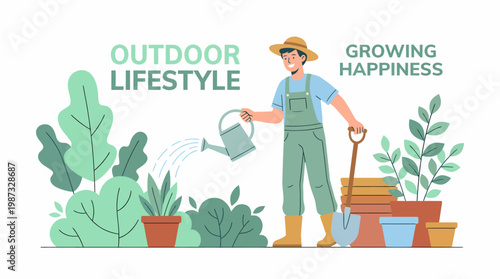 A man enjoys outdoor lifestyle while growing happiness with plants in a vector illustration.