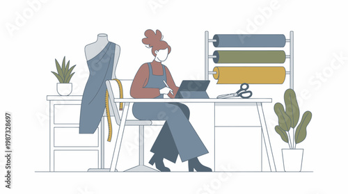 A woman works on a vector illustration of a fashion design project at her desk with a laptop and fabric rolls.