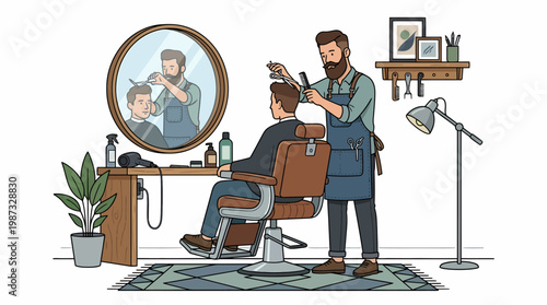 A vector illustration of a barber cutting a man's hair in a salon chair.