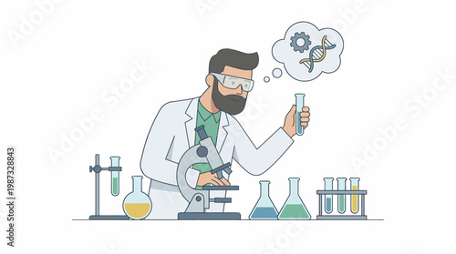 A scientist in a lab examines a test tube with vector illustration of DNA and gear.