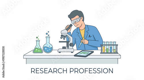 Scientist in lab working with vector illustration of microscope and test tubes.