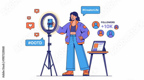 A young woman creates social media content with a smartphone on a tripod for her vector illustration.