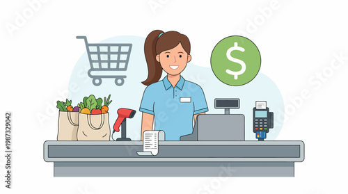 Checkout illustration of a smiling cashier at a grocery store vector