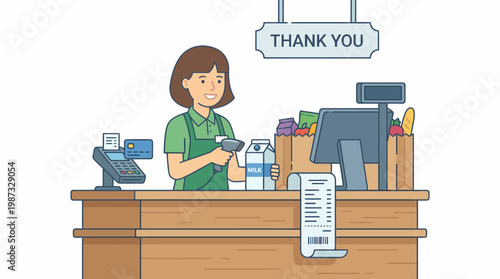 A woman operates a cash register in a store with a vector illustration of products.