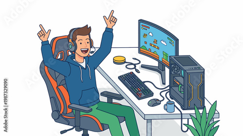 Man celebrates gaming victory with vector illustration of computer and excited expression