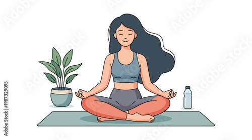 Woman practices yoga on a mat with a plant and water bottle nearby in a vector illustration.