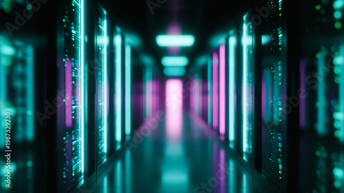 High Tech Server Room Corridor with Rows of Data Racks Illuminated by Vibrant Pink and Blue Neon Lights on Dark Surfaces