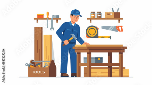 A worker in a workshop illustration uses vector tools to fix a wooden workbench.