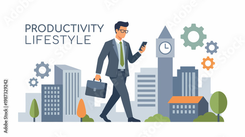 Businessman walks through city with briefcase and phone vector illustration