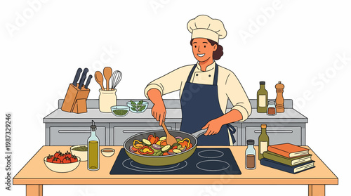 A chef cooks a colorful meal in a kitchen with a vector illustration.