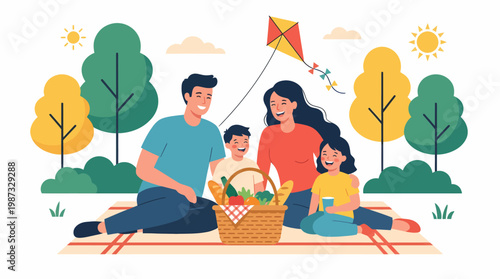 Family enjoys outdoor picnic with basket illustration vector in a sunny park on a blanket.
