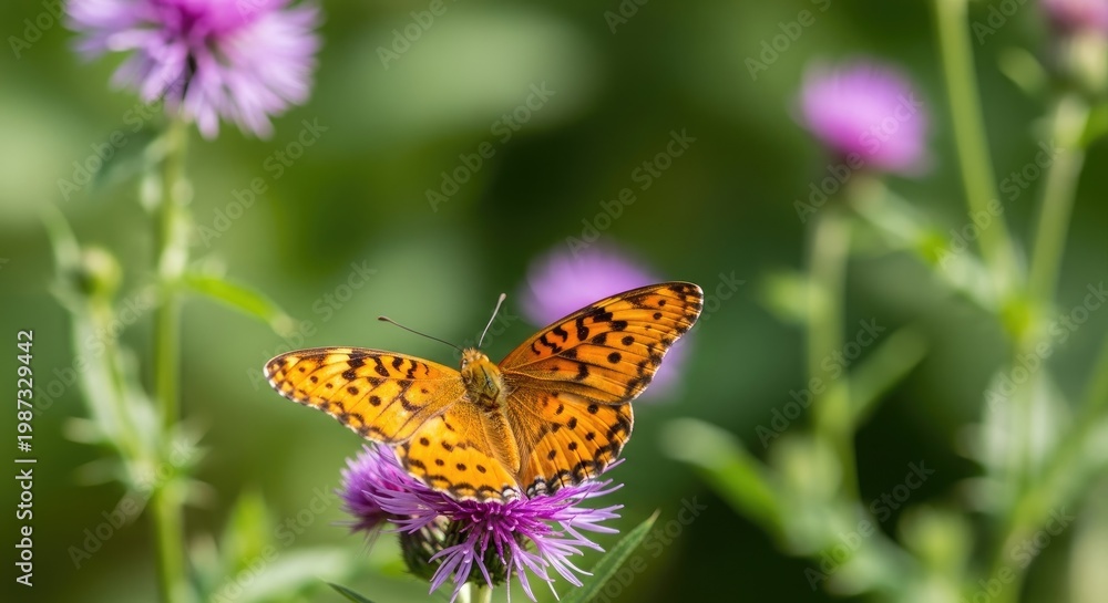 Fototapeta premium A vibrant small tortoiseshell butterfly rests on a purple thistle flower in a lush green meadow