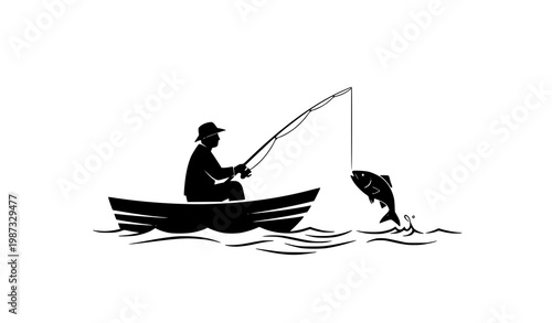 Peaceful fishing silhouette with man in boat and jumping fish minimalist vector illustration