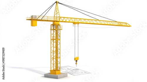 Yellow construction crane stands on a base next to a blueprint against a white background