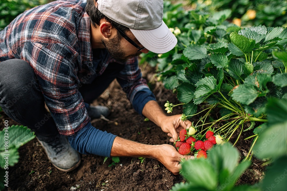 Fototapeta premium Man tending to ripe strawberries in a garden patch